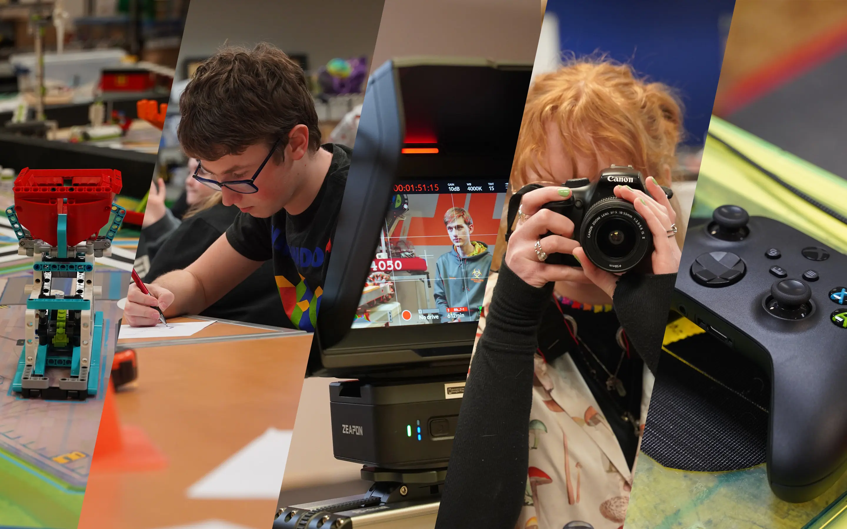 Collage of photos capturing some of the many ways students can get involved including robot design, photography, video, and more.